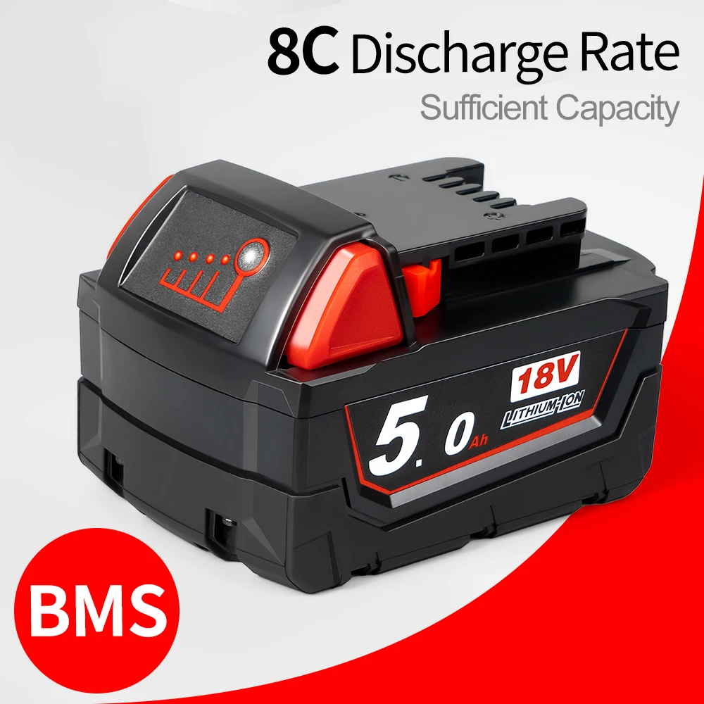 M18 18V 5.0Ah Red Replacement Li-Ion Battery for Milwaukee M18B6 18V Tools Lithium-Ion Battery 48-11