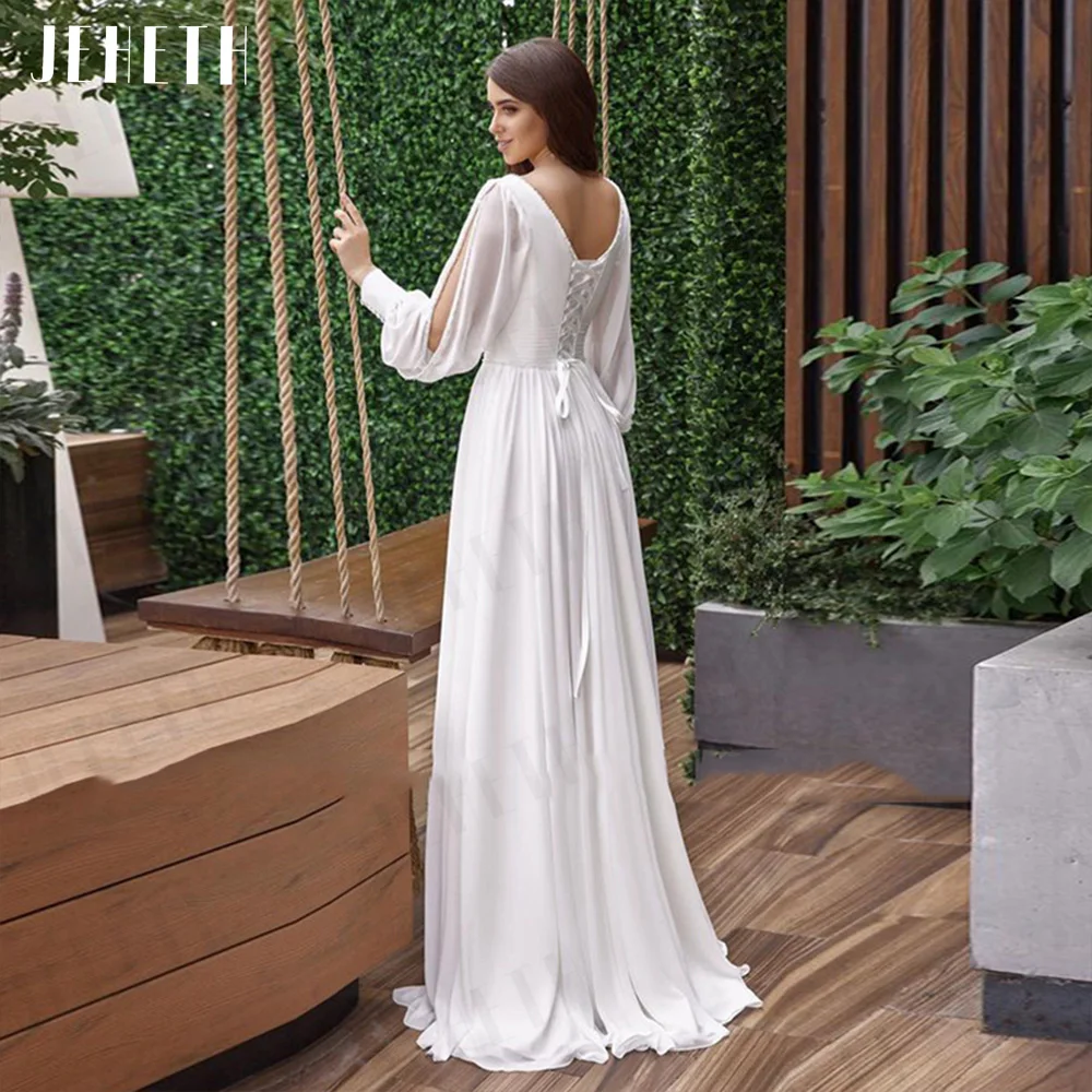 JEHETH Boho Wedding Dress Elegant Vestido De Noiva Women Long Puff Sleeves Bridal Gown Illusion Backless Chiffon A Line فستان ال