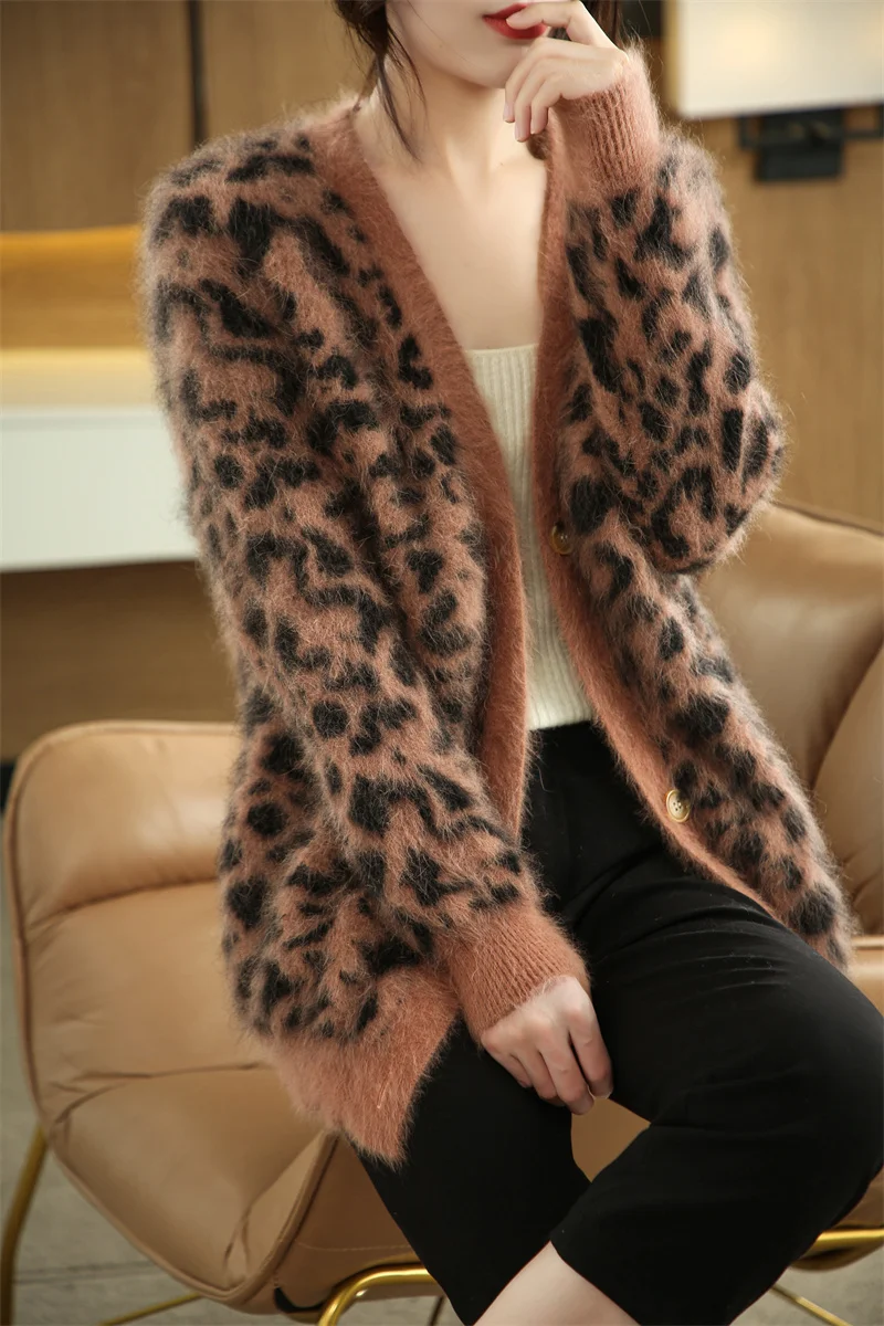 Winter Leopard Cardigan Pullover Sexy Deep V-neck Single breasted Long Sleeve Top Women\'s Dress Pullover