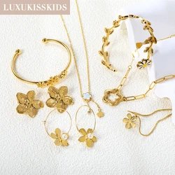 LUXUKISSKIDS Luxury Romantic Peach Blossom Jewellry Woman Earring Necklace Bracelet Set Female Stainles Steel Gold Plated bijoux