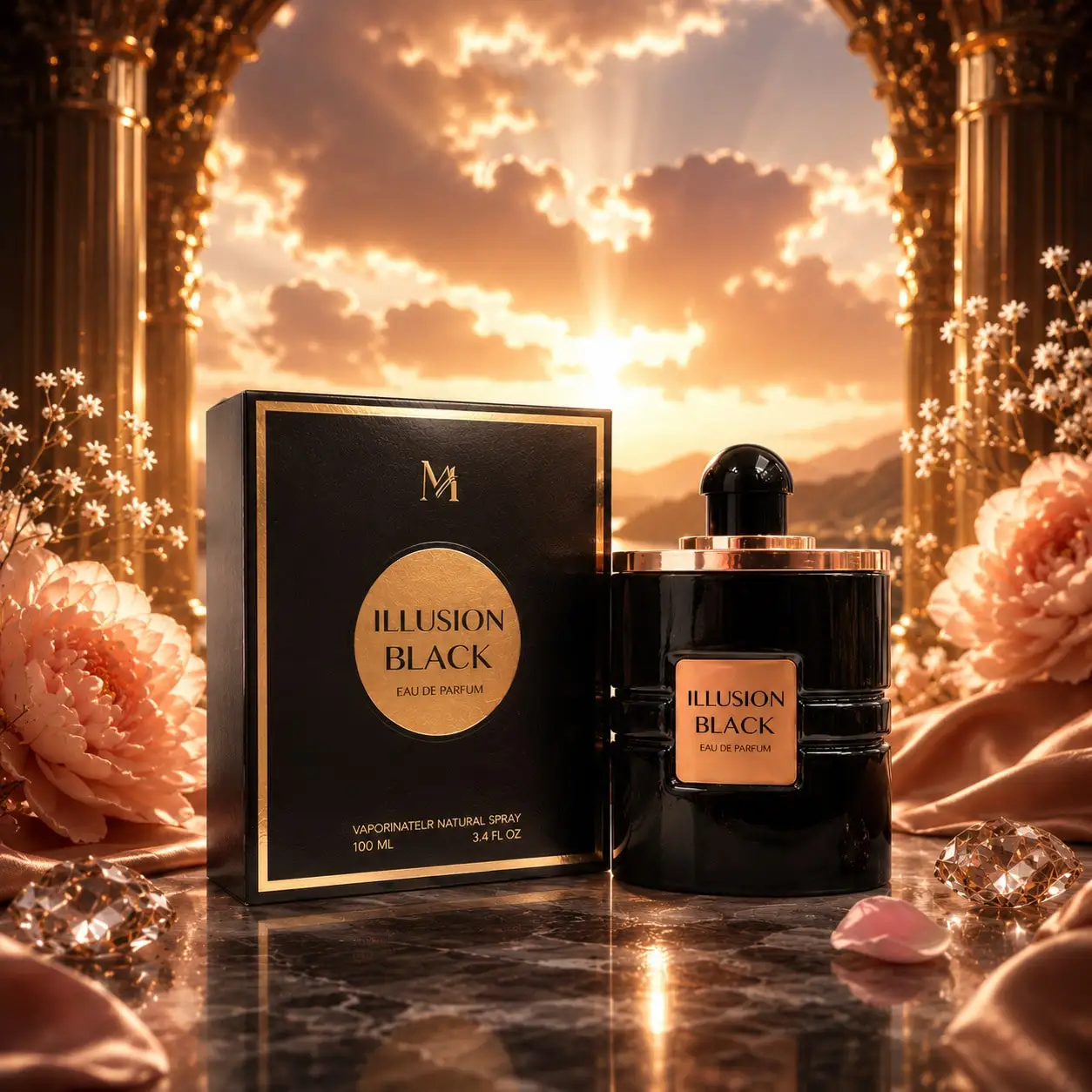 Illusion Black 100ml - Montage Brands. Parfum pour femmes, Eau de Parfum florale orientale sophistiquée avec des notes douces de fleur d'oranger, de rose sensuelle, des touches d'agrumes, de cannelle épicée, de cumin chaleureux et une base boisée.