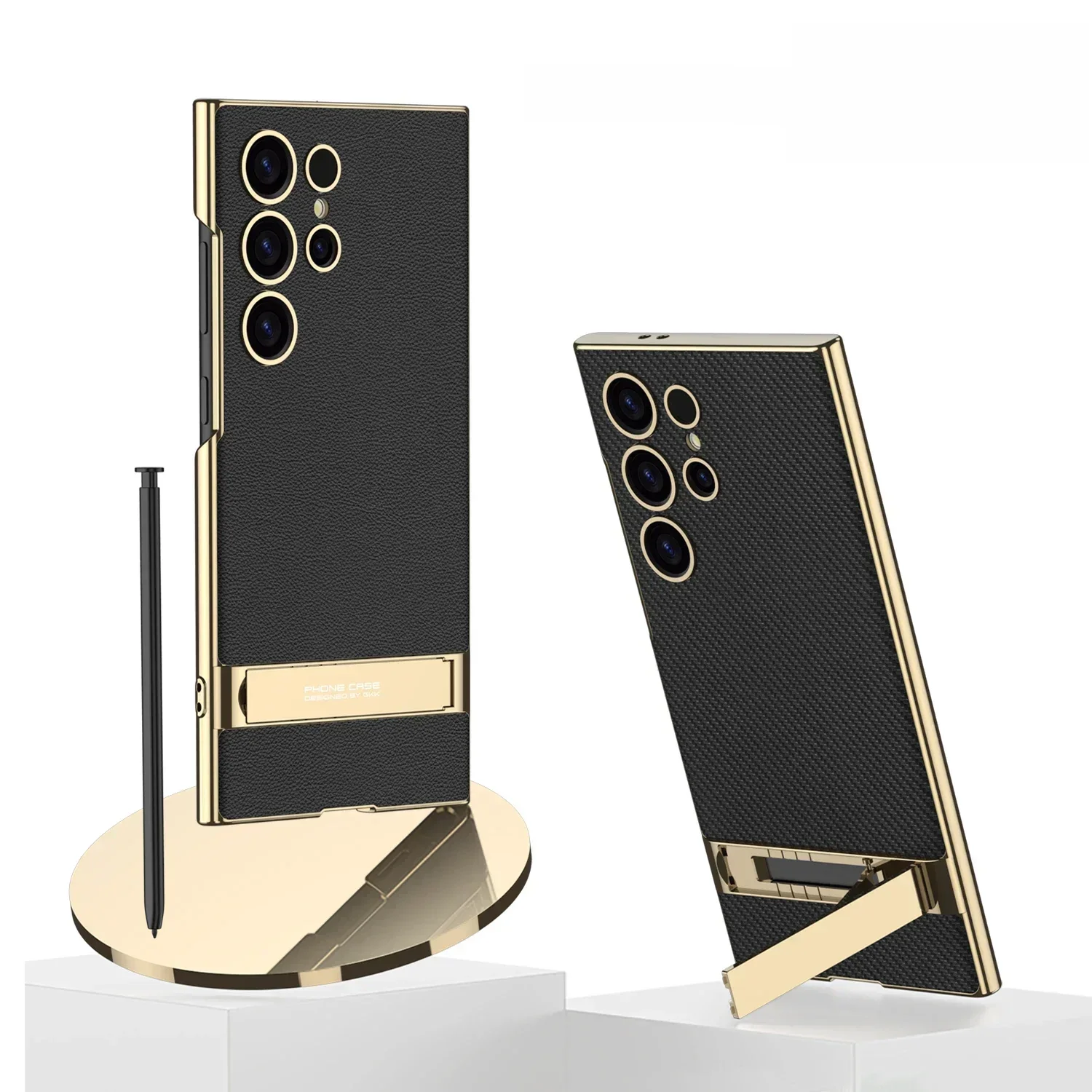 Etui na Samsung Galaxy S25 S26 Ultra S24, luksusowe, z galwanizowaną złotą ramką, gładka skóra, z funkcją podstawki, odporne na wstrząsy, akcesoria. — zdjęcie produktu 7