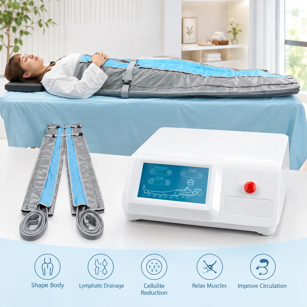Dernier modèle de combinaison amincissante à pression d'air pour la perte de poids, la relaxation corporelle, la détoxification, le massage des jambes et des pieds, et le soulagement de la douleur.