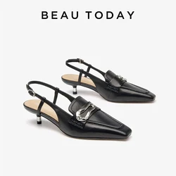 BEAUTODAY Sandals Women Genuine Leahter Pointed Toe Shoes Slingbacks Solid Color Metal Decoration Elegant Pumps Handmade 31229