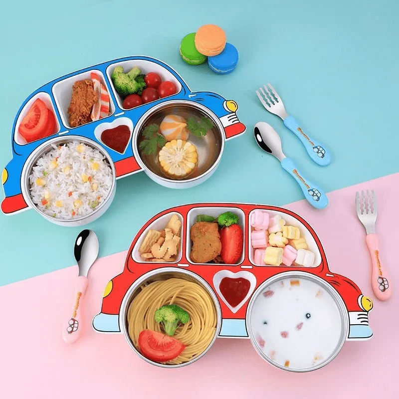 Divided Dinner Plate with Lid and a Set of Two 304 Stainless Steel Bowls Featuring a Cartoon Car Design Durable Dining Utensils