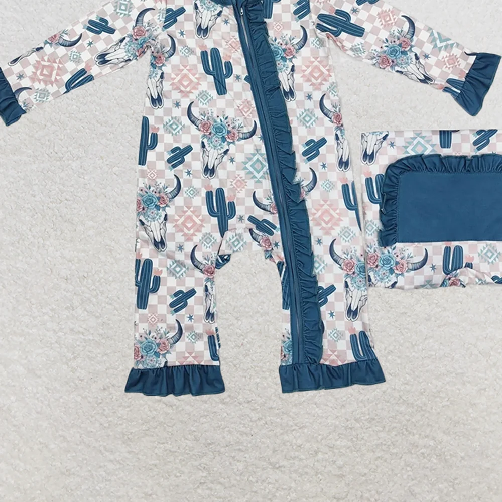 LR1446 Romper Musim Dingin Bayi Perempuan Romper Ritsleting Bambu Barat Aztec Kaktus Sapi Anak Perempuan Bayi