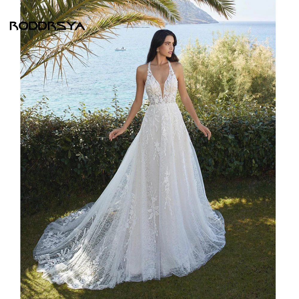 RODDRSYA-vestidos De novia De línea a sin mangas, ropa Sexy con cuello en V, Apliques De encaje De ilusión sin espalda, Vestido De tren De barrido De novia