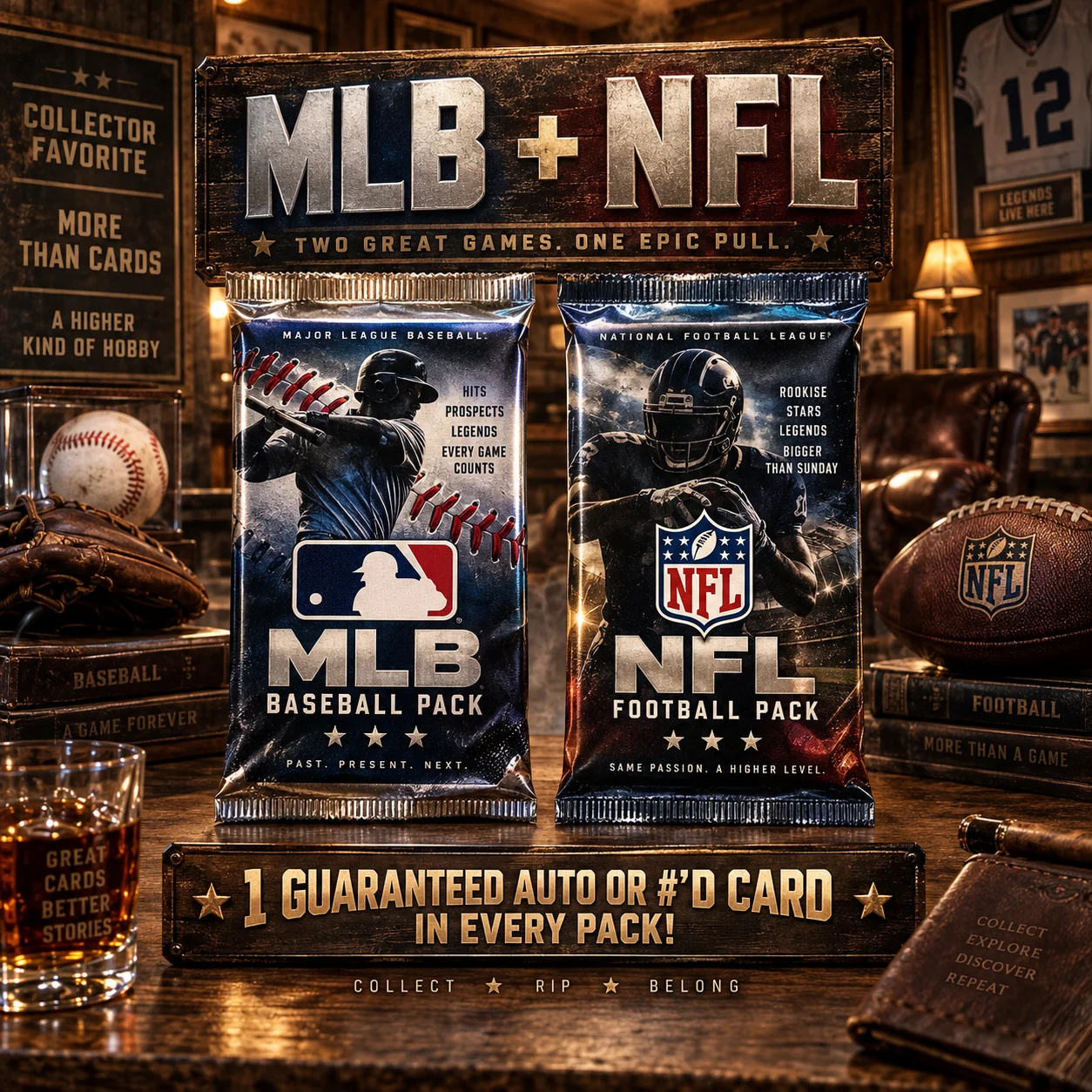 Baseball Meets Football Sports Card Bundle, Featuring MLB and NFL Trading Card Packs with 10 Cards Per Pack, 20 Cards Total, Each Pack Includes 1 Guaranteed Auto Card, Collectible Sports Cards for Autograph Card Hunting, Game Day Collections and Sports Me