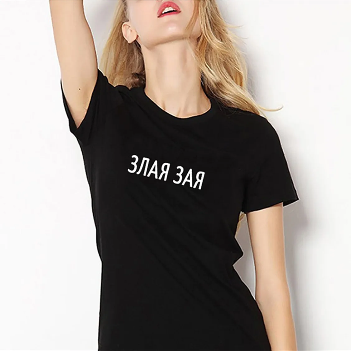 Women's Summer Clothing Classic Fashion Black T-Shirt With Russian Letter Evil Bunny Female Tee Top 100% Cotton Casual Shirt