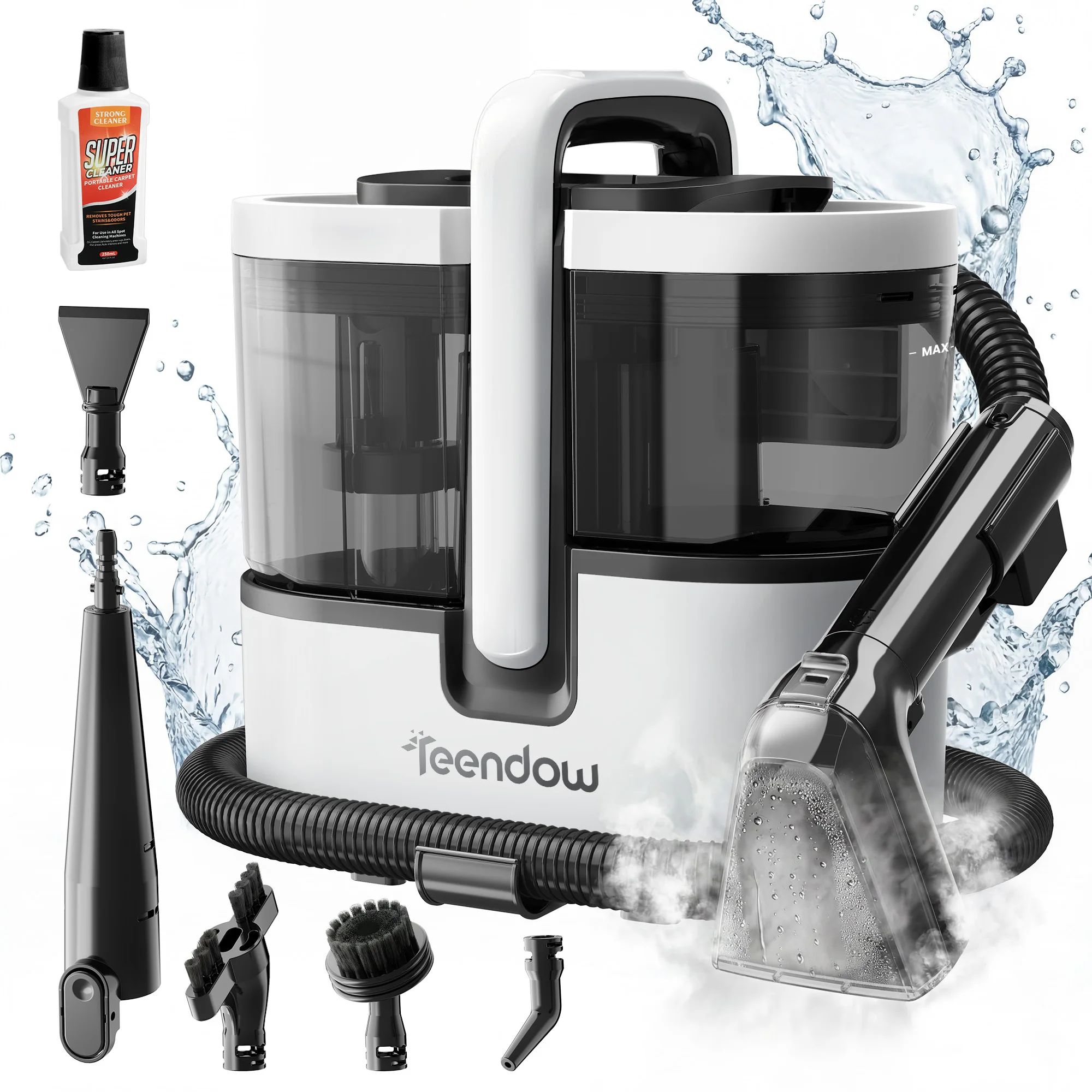 Teendow C7 MAX Teppich- und Dampfsauger – 1800W Motor, 100 ° C Dampf in 30 Sekunden, 20 kPa Saugkraft, 1600 ml/1500 ml Doppel-Wassertank-Design, tötet 99,99 % der Bakterien.