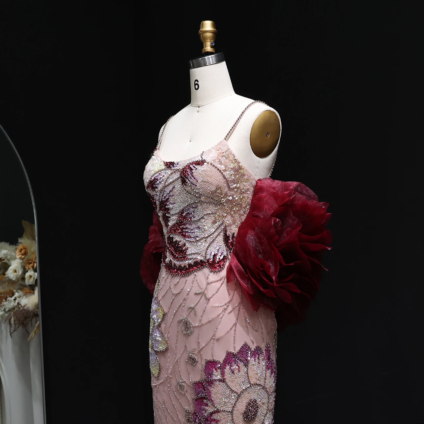 Sharon Said Luxuriöses Rosa Meerjungfrauen-Abendkleid mit Spaghettiträgern und Schal-Cape für Damen, Hochzeit, Party, Ballkleid SS515, Maßanfertigung – Detail 10