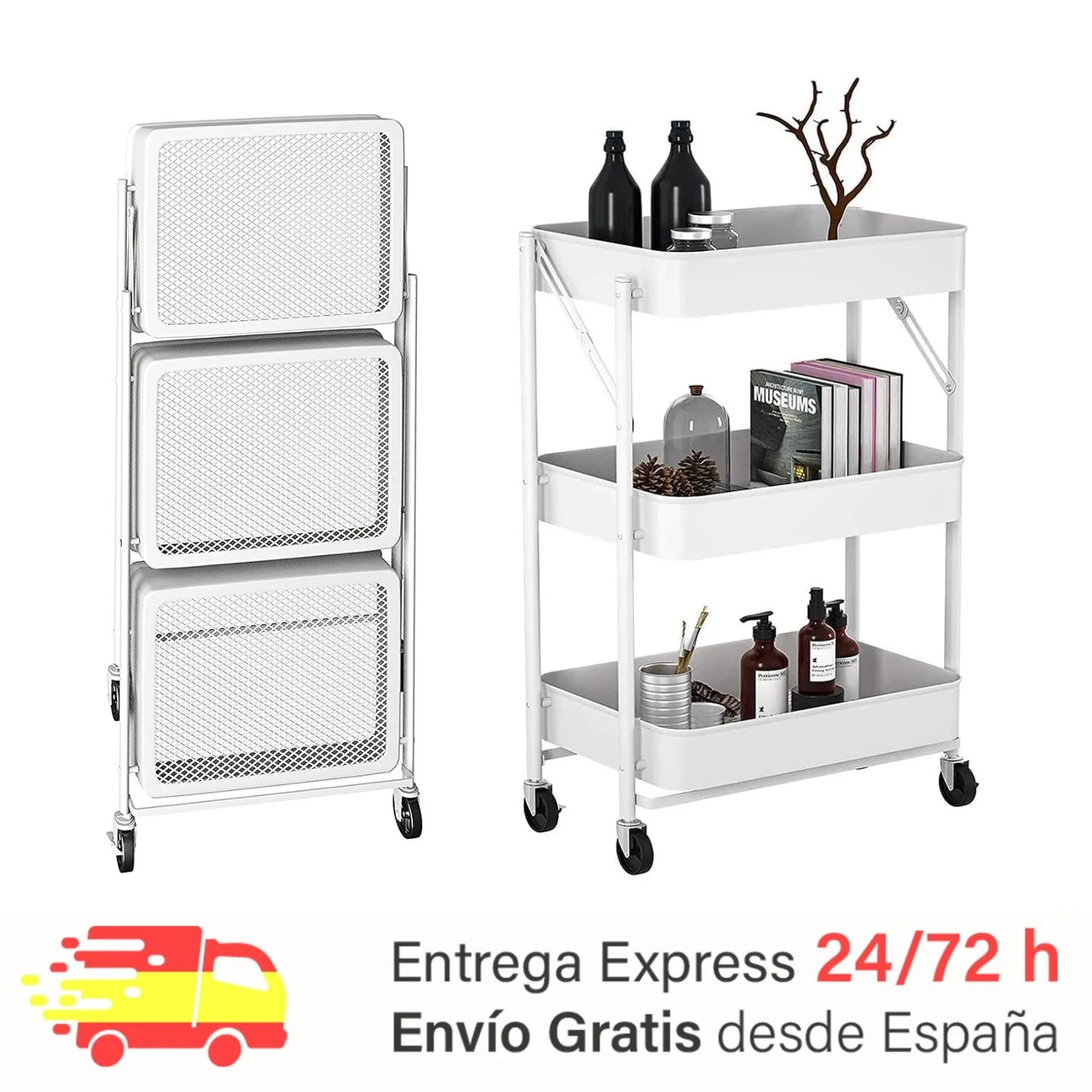 Auxiliary kitchen cart. Multipurpose folding greengrocer cart. Kitchen shelf with wheels. Service cart with 3 levels of storage for home, bathroom, lounge, terrace, crafts.