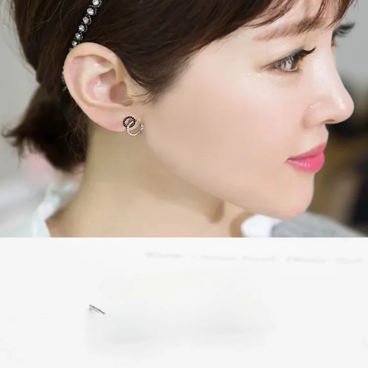 New Hot moda 925 Sterling Silver Crystal dwa kółka kolczyki dla kobiet dziewczyn prezent moda komunikat biżuteria — zdjęcie 2