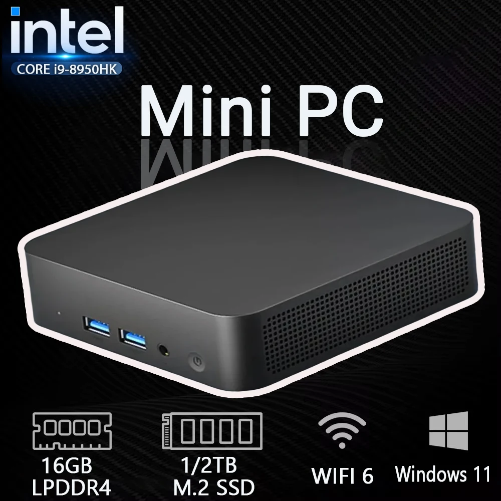 2025 Portable Mini PC Windows 11 Intel Core i9-8950HK 16GB DDR4 1TB SSD Gamer Computer WIFI 6 BT5.2 4K HD Mini Gaming Pc Desktop