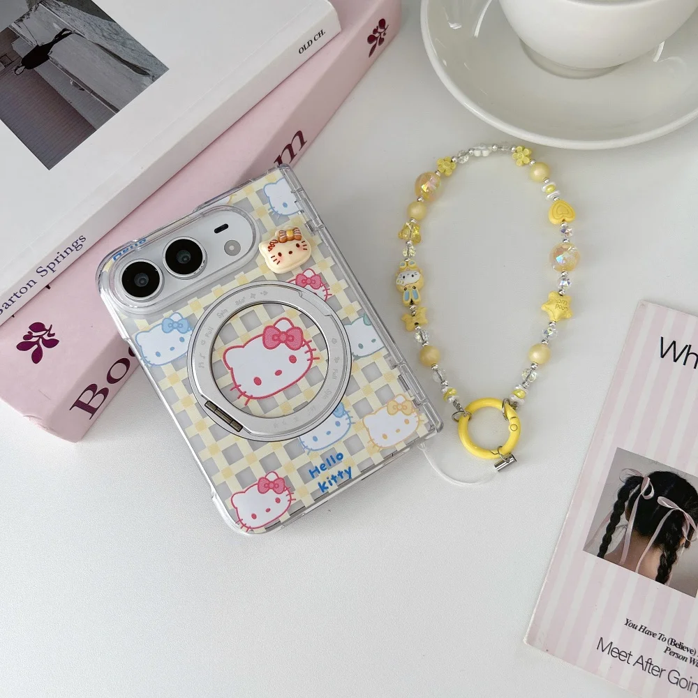 Fashion Ins Cute Cartoon Cat Plaid New Phone Case for iPhone Duo Cover with Magsafe Stand Kawaii Anti‑Fall Protective Set kawaii