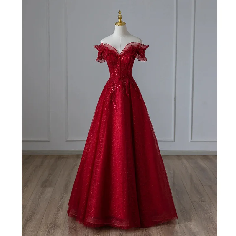 One shoulder toast dress bride new red evening dress