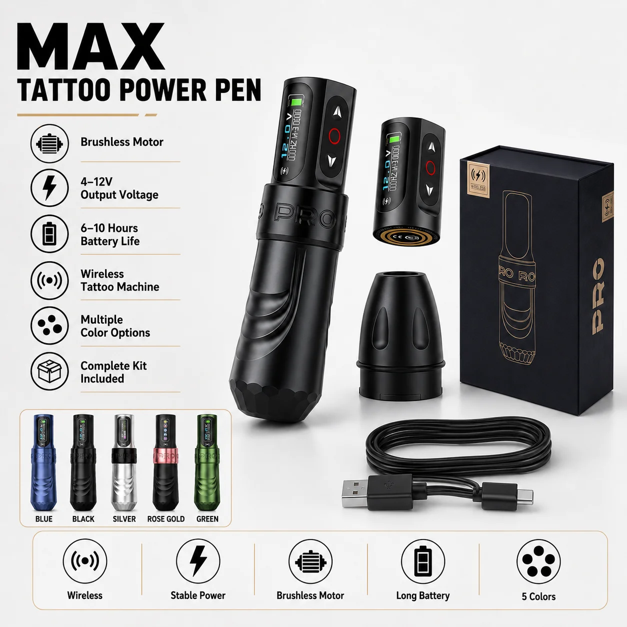 Professional Wireless Rotary Tattoo Machine Pen Brushless Coreless Motor Touch Screen Display 2000mAh Rechargeable Tattoo Pen