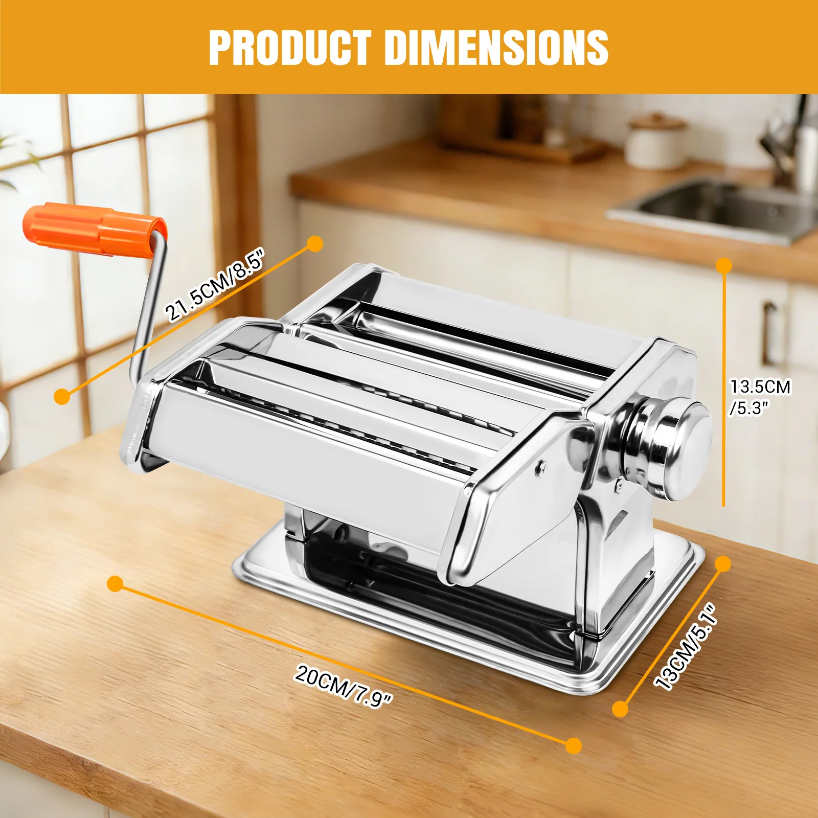 DayPlus manual pasta maker machine stainless steel with orange handle lifestyle shot