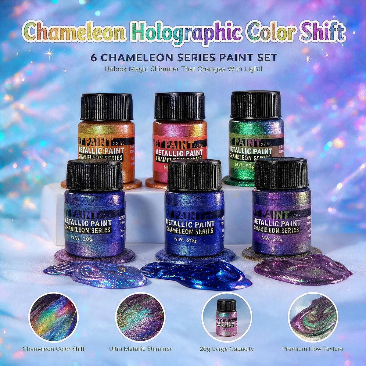 6 Colors Chameleon Color Shift Acrylic Paint Set 20g, Dual Effect Iridescent Metallic Paint Waterproof for Art Craft Decoration