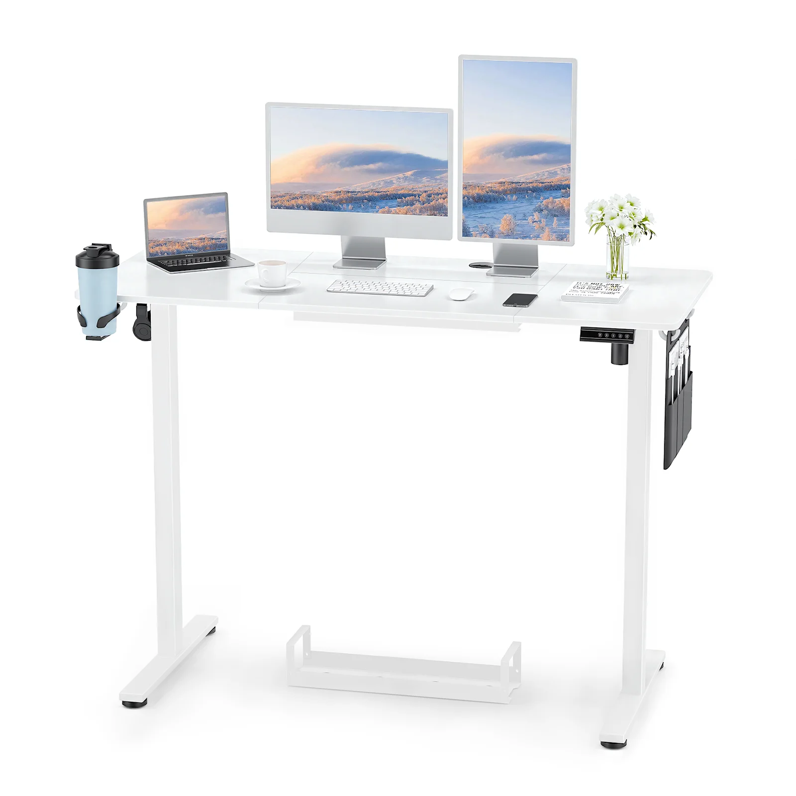 Bureau ergo 120x60cm, réglable 70-116cm, moteur ultra-silencieux, gestion câbles, charge max 70kg.
