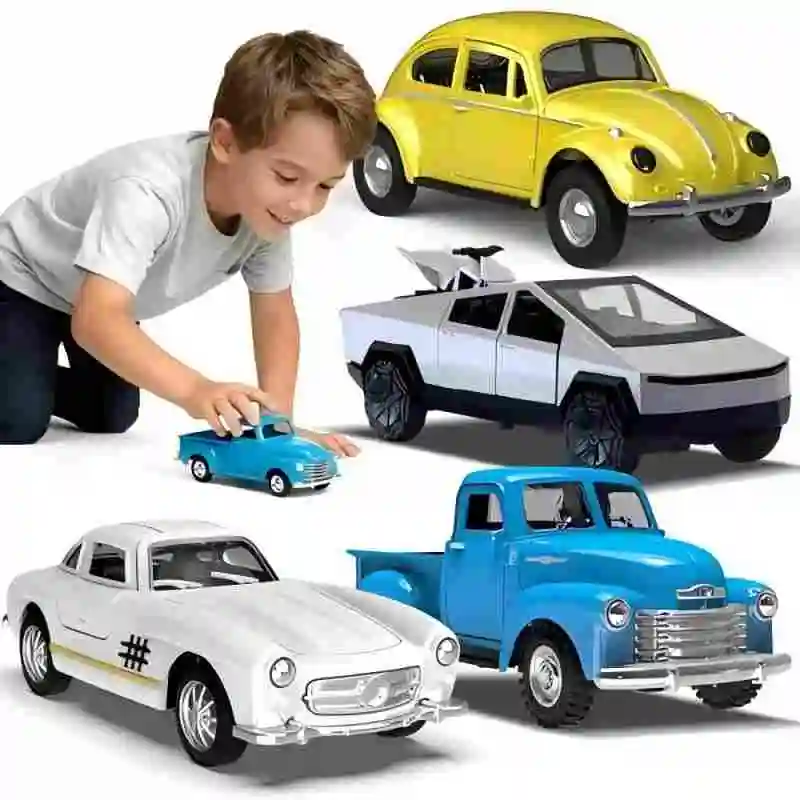 

4PCS 1:36 Alloy Diecast Car Model Set with Road Signs, Road Barriers, and Road Scene Mats Classic Car Truck Pull Back Toy Gift
