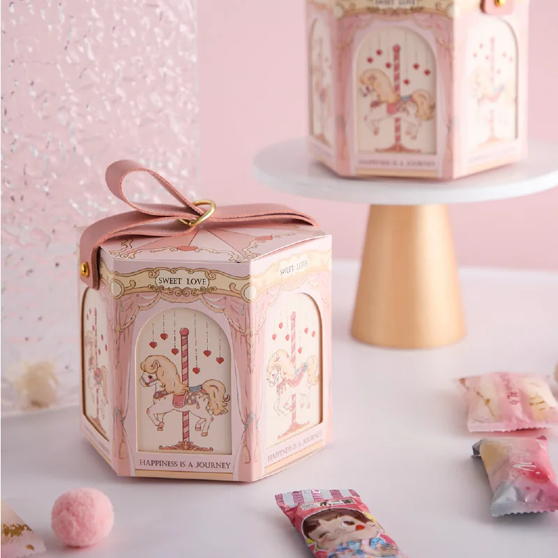 10 Pcs/Lot Portable Hexagonal Box Creative Carousel Print Festival Small Gift Box Wedding Candy Box Size 14*14*11.5cm