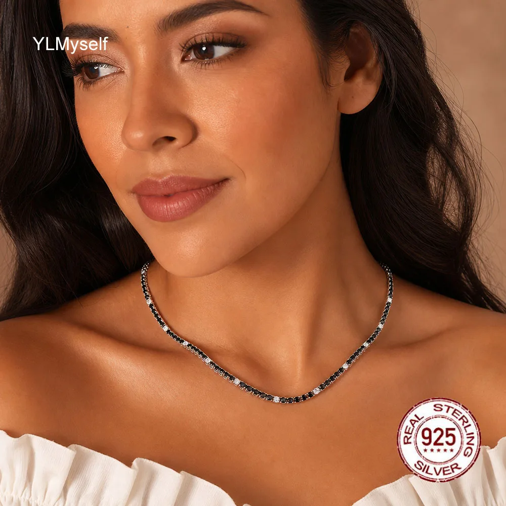 

18 Inch (45cm) Real 925 Sterling Silver Tennis Chain Necklace 3 mm wide 5pc Black Mix 1pc White Cubic Zircon Fine Jewelry