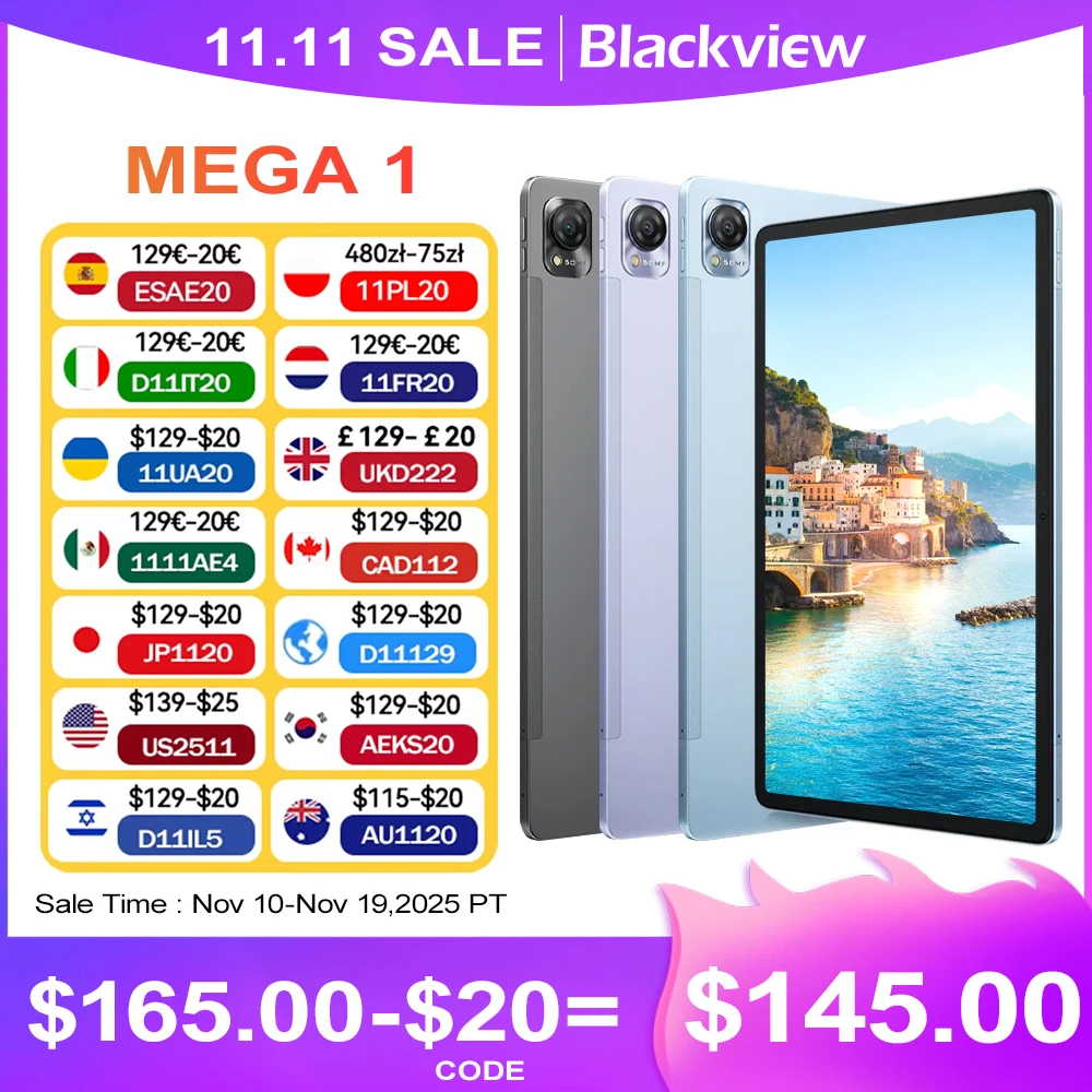 MEGA 1 แท็บเล็ต Blackview 11.5 นิ้ว 2.4K 120Hz 8GB/12GB 256GB 50MP กล้อง 33W Fast CHARGING 8800mAh แบตเตอรี่ MTK Helio G99