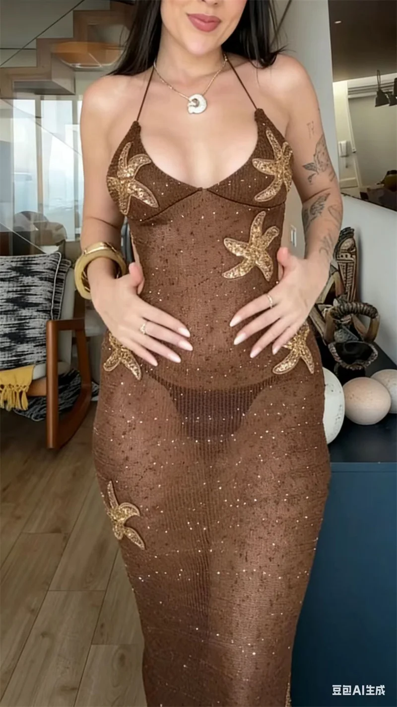Women Sleeveless Backless Long Bandage Dress Sexy Deep V See-through Knit Swimsuit Beach Sheer Crochet Bikini Cover-Up
