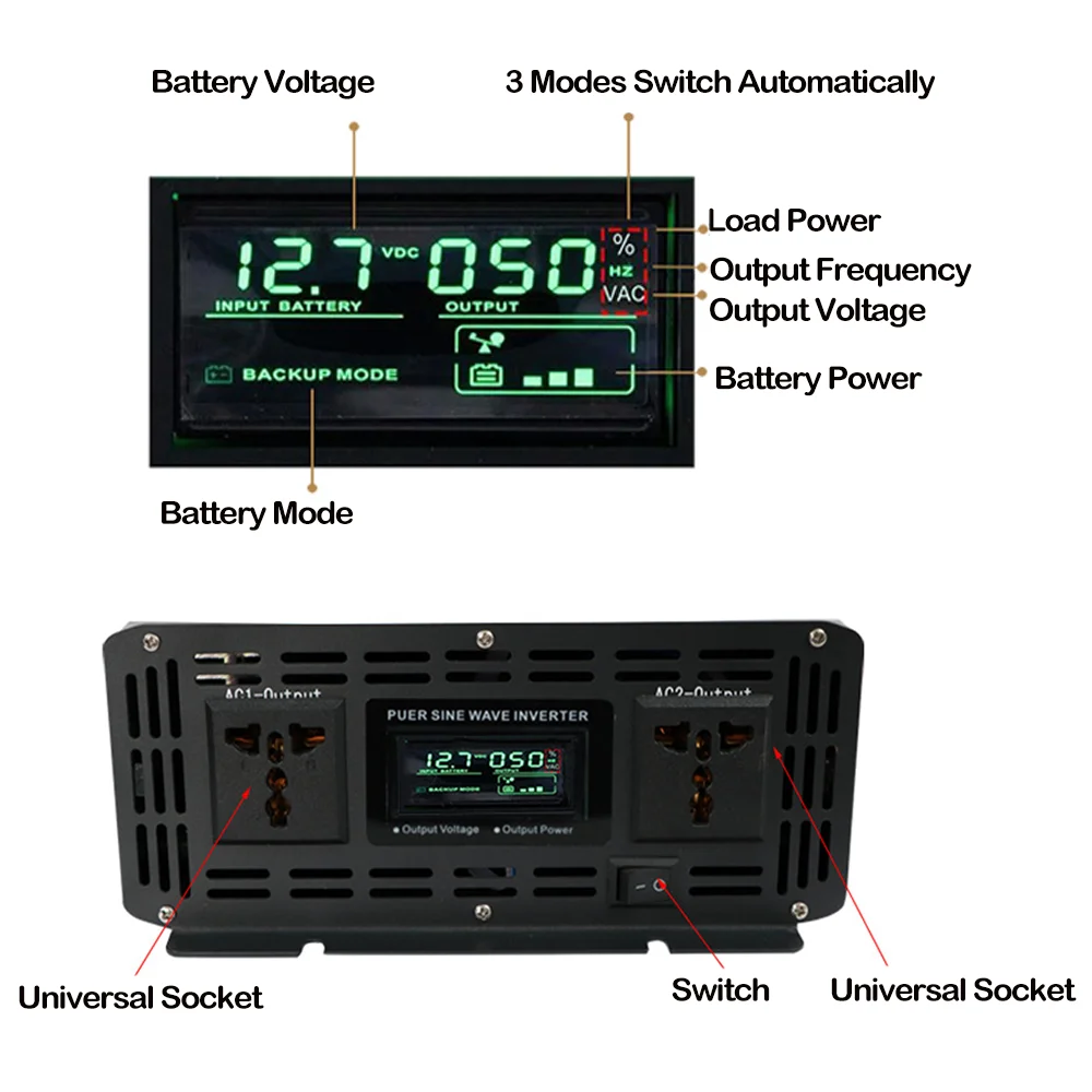 Pure Sine Wave 3500W Inverter Solar Remote Control Switching Power Supply Inverter 12V 24V 48V To AC 220V