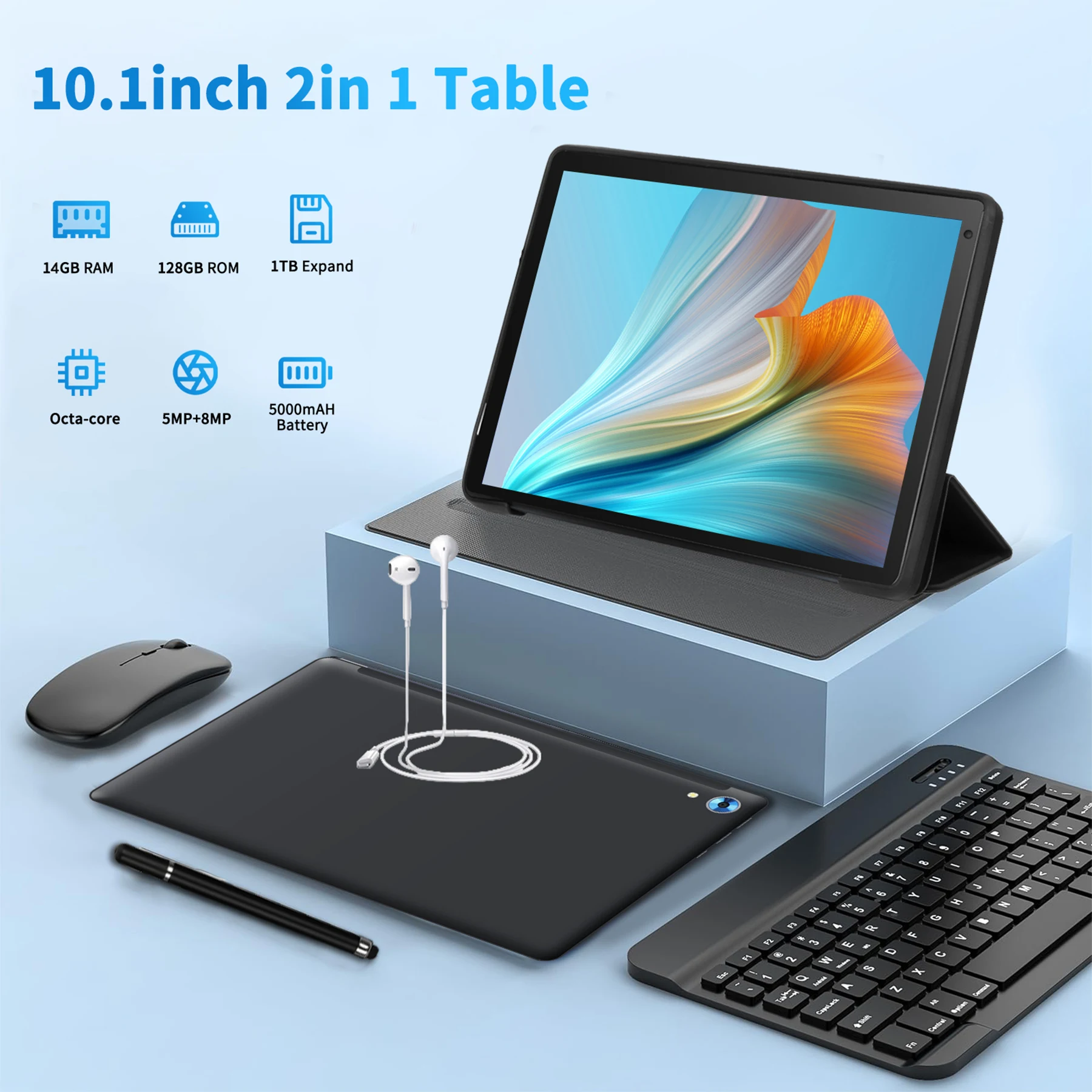 C108 10.1 인치 태블릿 옥타코어 프로세서, 10GB RAM, 128GB ROM, 안드로이드 14, 케이스 포함 헤드폰, 무선 키보드 마우스 스타일러스 펜