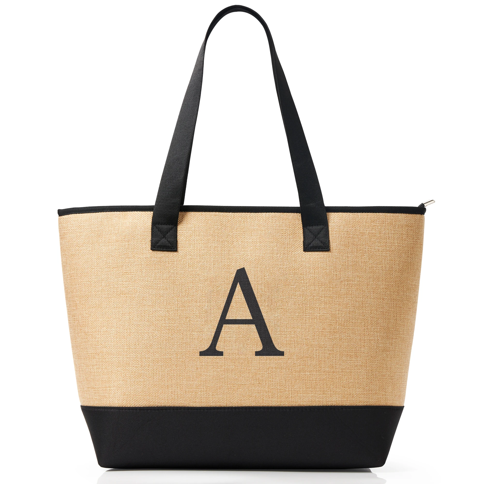 

Large Capacity Tote Bag with "A" Letter Print - Durable Polyester, Zipper Closure, Black & Beige Two-Tone Design, Perfect for Be