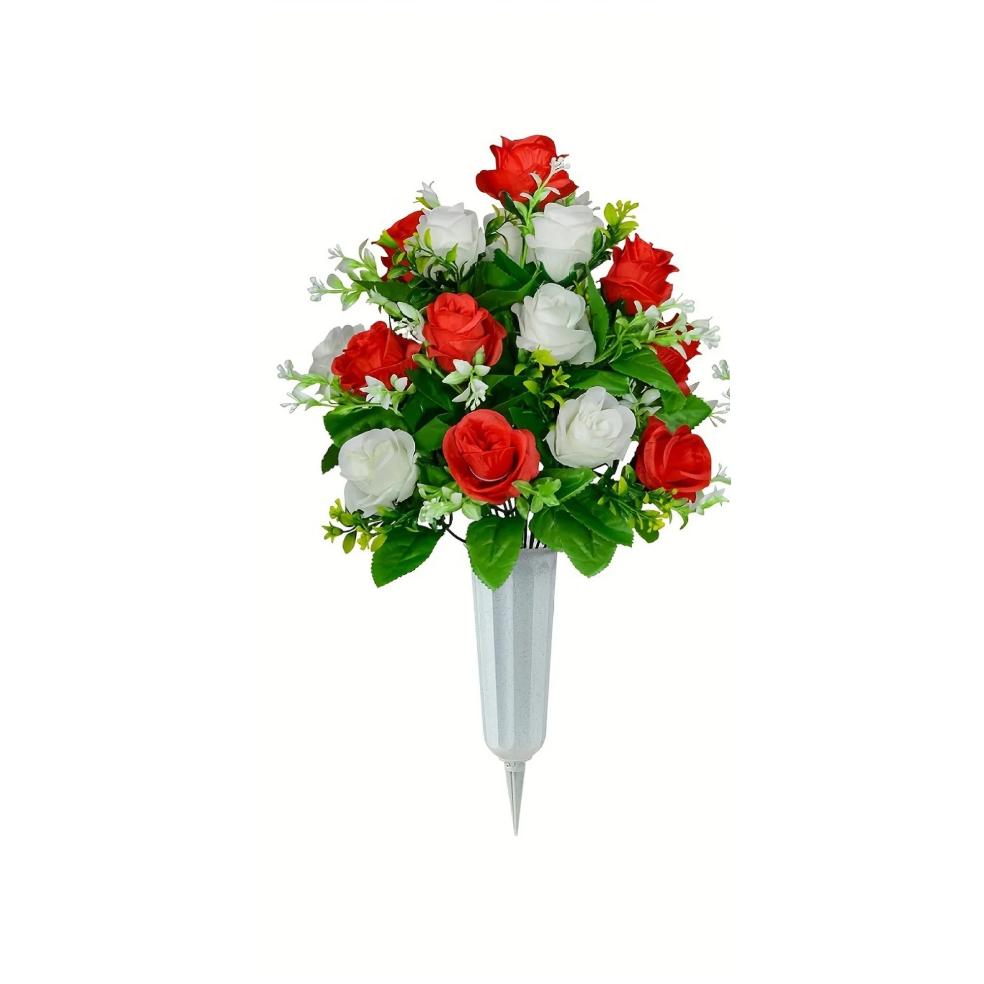 1pc Cemetery Memorial Artificial Flower Silk Rose Bouquet with Vase Sympathy Fake Floral Grave Funeral Deco Multicolor