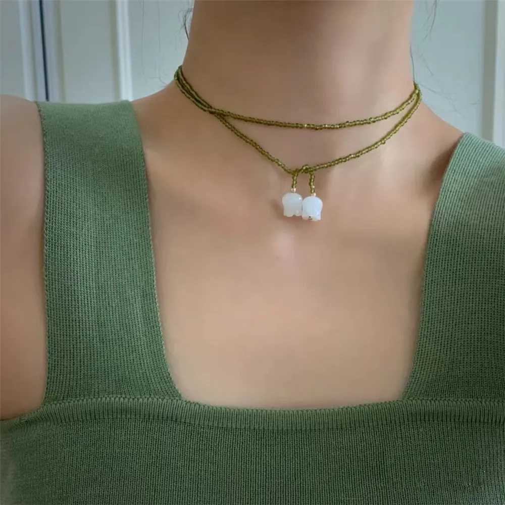 Olive Green Glass Beads Women Necklace White Bell Orchid Pendant Winding Wearing Ethnic Long Sweater Chain Romantic Jewelry Gift image 2