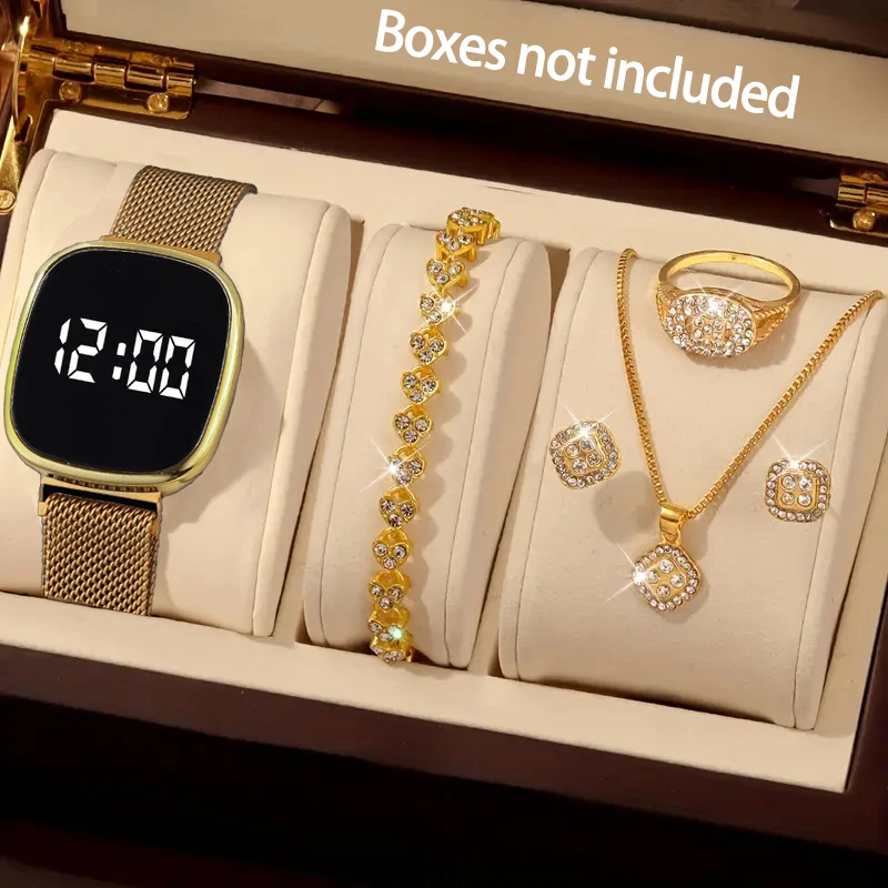 6-Piece Set of Women's Electronic Touch Screen Magnetic Watches Paired with Rhinestone Jewelry Set, Suitable for Daily Wear, an Ideal Choice for Giving as a Beautiful Birthday Gift