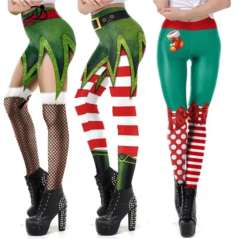 NADANBAO Christmas Elf Leggings Women Carnival Costume Xmas Sexy Tights Holiday Gift Pants 3D Pattern Streetwear Fitness Clothes