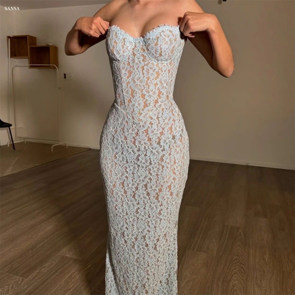 Sansa Maßgeschneidertes babyblaues Spitzen-Etui, ärmelloses Abendkleid, herzförmiger Ausschnitt, Vestidos De Noche, bodenlang, formeller Abend 2025