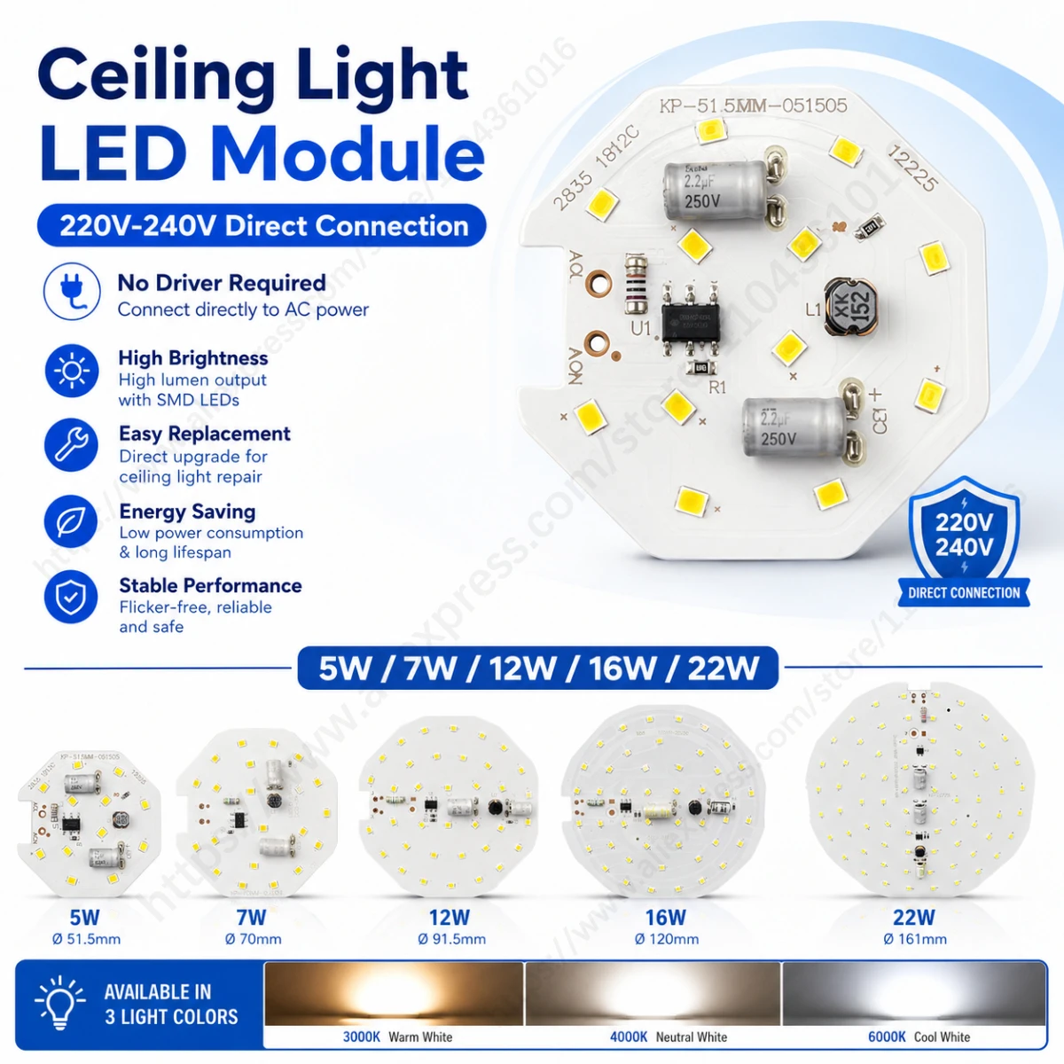 Ceiling Light LED Module 220V-240V Round LED Panel Light Board 5W 7W 12W 16W 22W Replacement Retrofit Lamp PCB Warm Neutral Cool