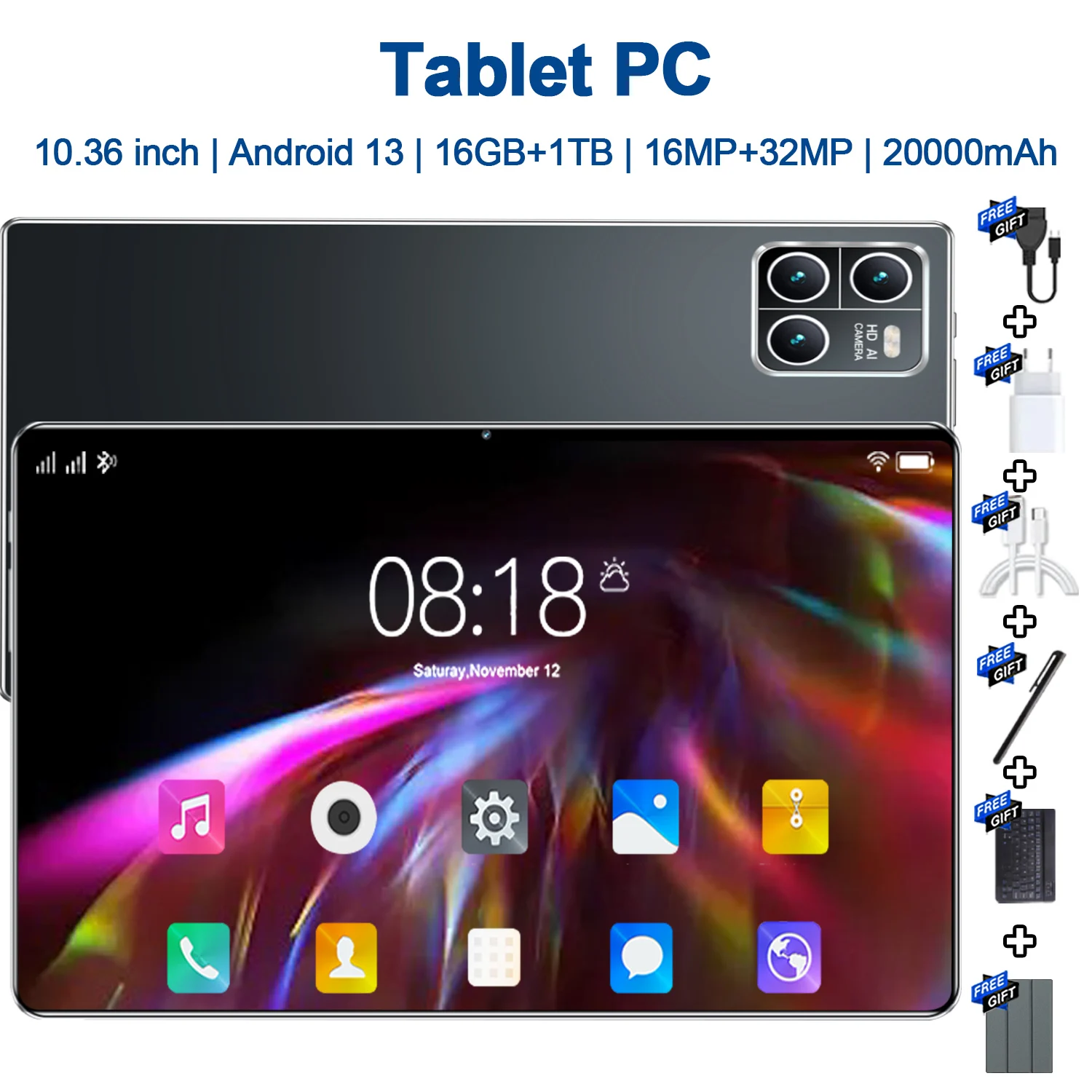 Tablet PC de 10.36 Pulgadas, Android 13, 16GB de RAM + 1TB de ROM, Tablets 5G, 14 Núcleos, 20000mAh, Cámaras Duales, Doble SIM, Google Play, Bluetooth, Wi-Fi