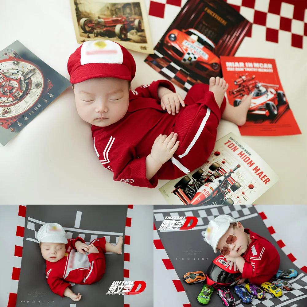 Newborn Racing Car Theme Photography Props Baby Racer Style Costume Mini Red Sports Car Posters Props Professional Studio Shoot