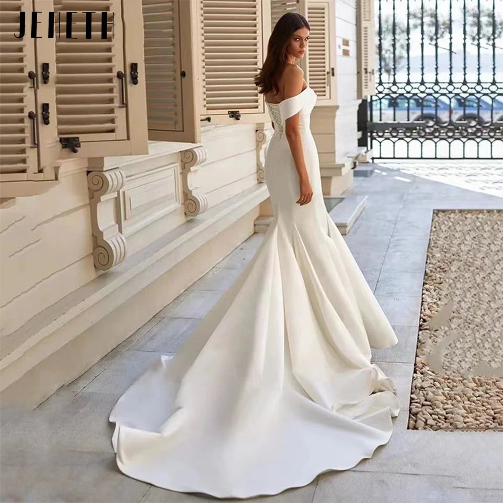 JEHETH-vestido De Novia De satén suave con hombros descubiertos, traje De sirena elegante, escote Corazón, Espalda descubierta, tren De barrido