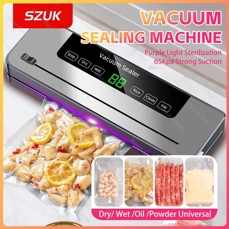 SZUK Food Vacuum Sealing Machine Kitchen Electric Vacuum Sealer Buillt-in Cutter Household Vacuum Packaging Machine with 10 Bags