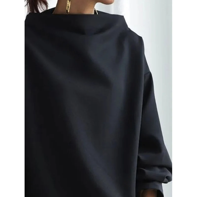 Jennifer New Black Solid Color Loose Long Sleeves High-neck Sweater shirt for Going out Casual Simple Occasion