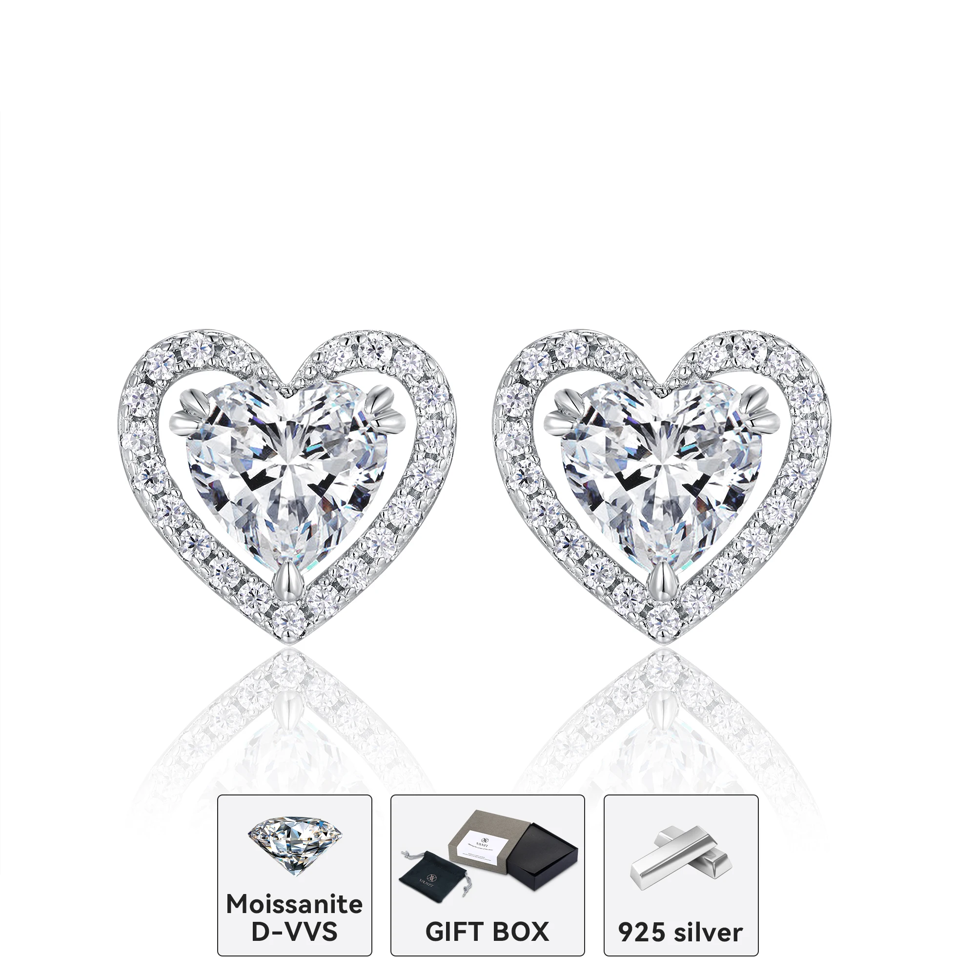 

kfavnfi Sparkling Cut Moissanite D VVS 925 Sterling Silver Plated Platinum Design Fashion Love Heart Women's Earrings