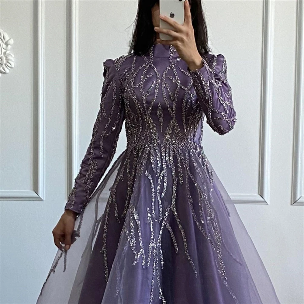 15879# Arabic Long Sleeves High Neck Sequined Beaded Lace A-line Muslim Hijab Evening Dress Islamic Prom Gown Women Customized