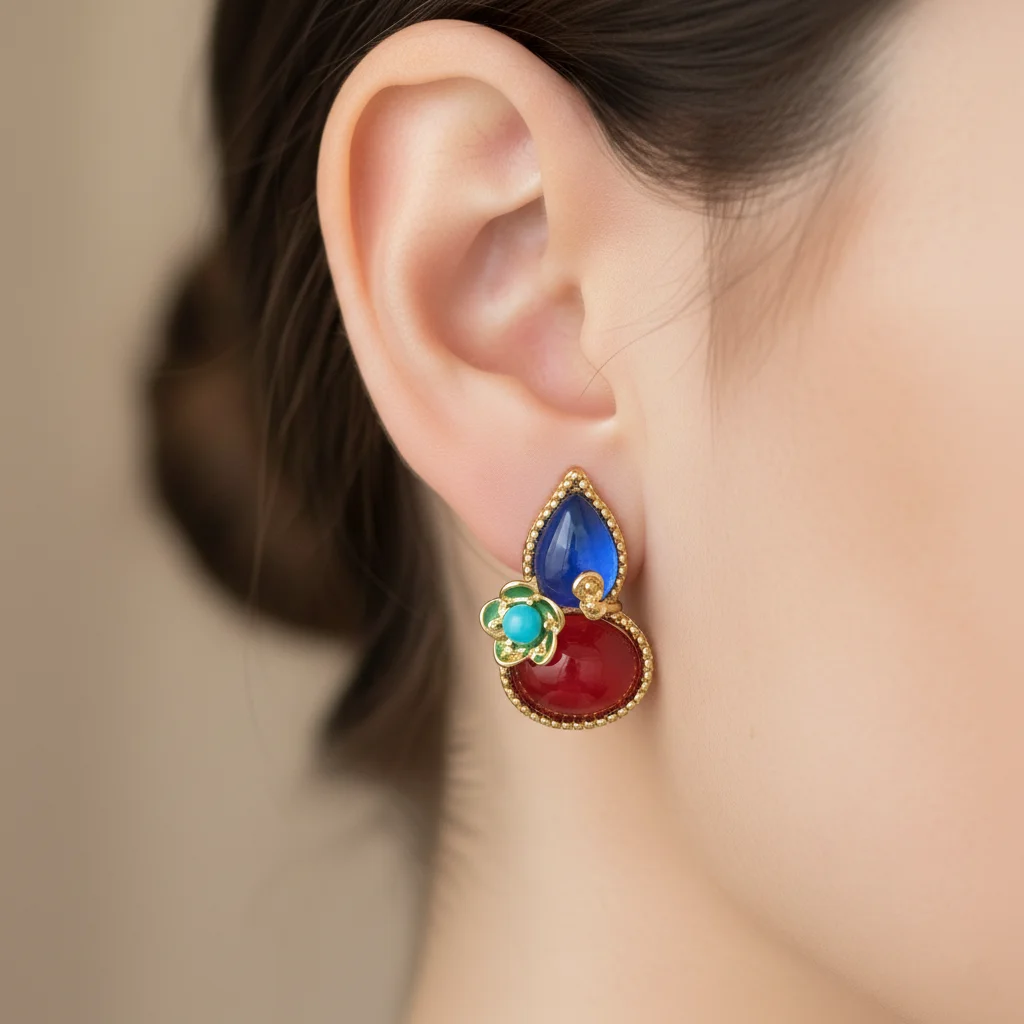 

Bohemian Red Blue Teardrop Earrings with Turquoise Flower - Unique 18K Gold Plated Statement Studs for Women Jewelry