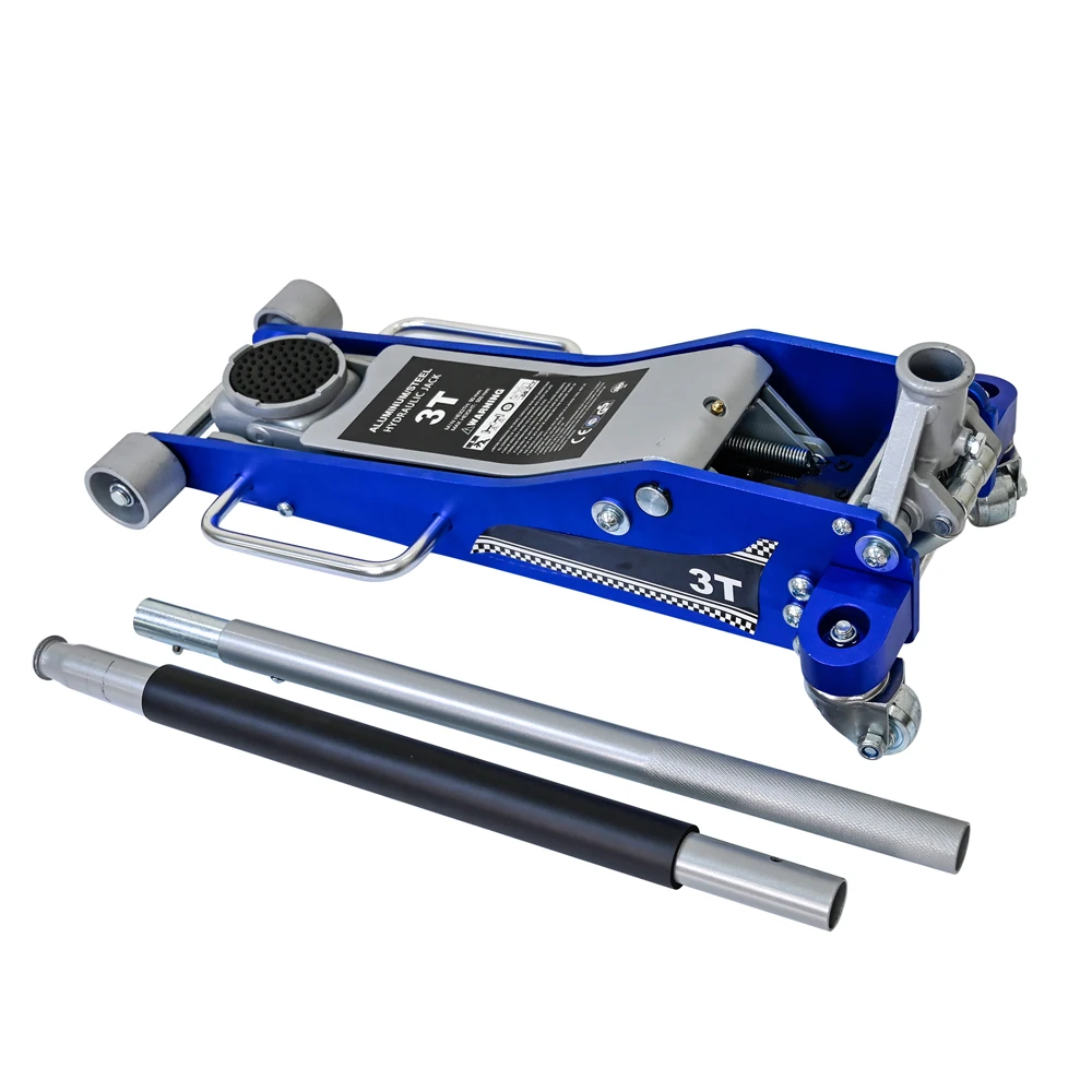 Autokrik, 3-tons aluminium-ijzeren horizontale hydraulische krik, zilvergrijsblauwe vloerbedieningswagenkrik, met extra zadel, SUV-hoogverlengde vrachtwagen, maximale belasting 6600 pond.