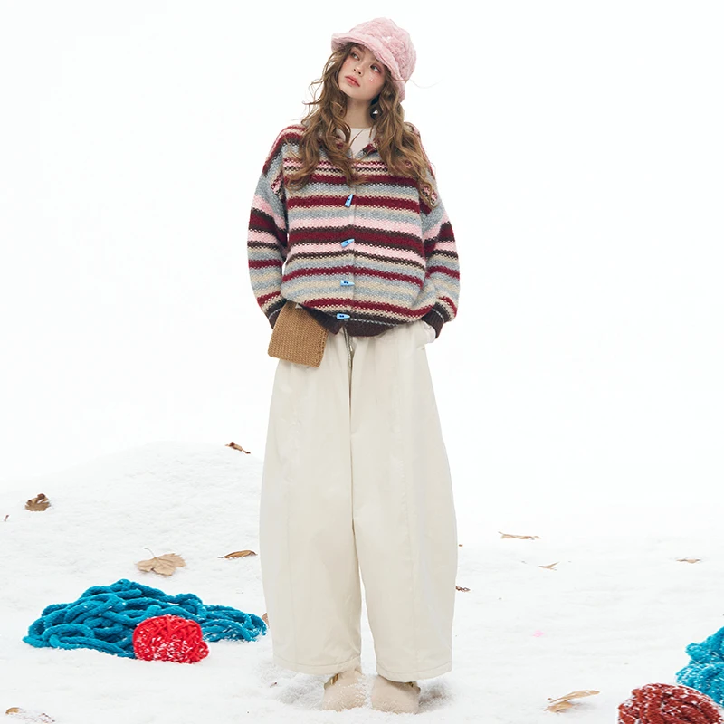 

ELFSACK 2025 Winter New Arrivals Y2K Preppy Casual Loose Stripe Hooded Colorful Toggle Button Sweater For Women