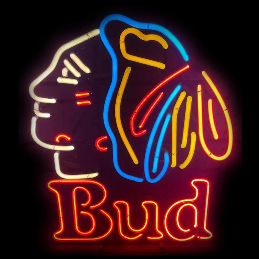 

Chicago Blackhawk BUD Neon Light Sign Restaurant Beer Bar Room Wall Decor Hotel light Window Hang Room Handmade Real Glass Tube