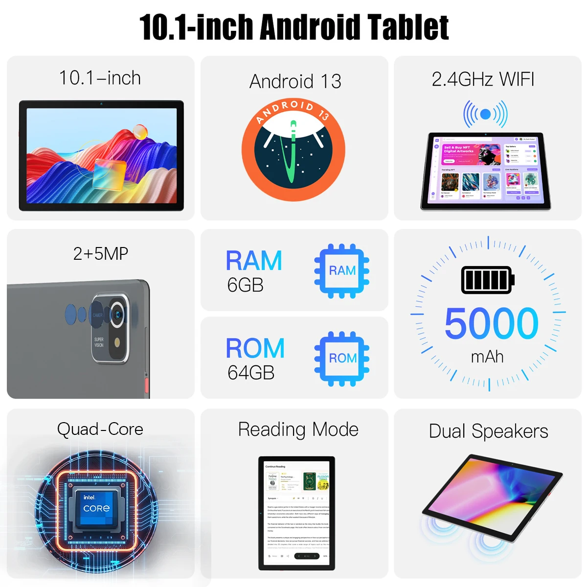 MB1001 Tablet Android 13 da 10,1 pollici 6 GB RAM 64 GB ROM Quad-Core 5000 mAh Batteria HD IPS Touchscreen WiFi Bluetooth 5.0 Tablet PC